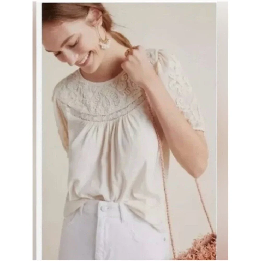 Anthropologie Delilah Blouse Cream Embroidered Puff-Sleeve Top Size Small